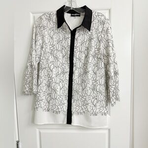 Karl Lagerfeld White and Black Lace Overlay Blouse Small 3/4 Sleeves